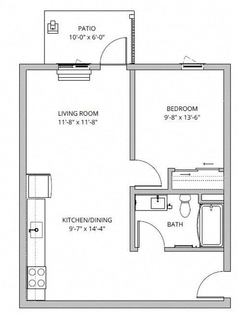 Floor plan for 1 bed, 1 bath, 628 sqft